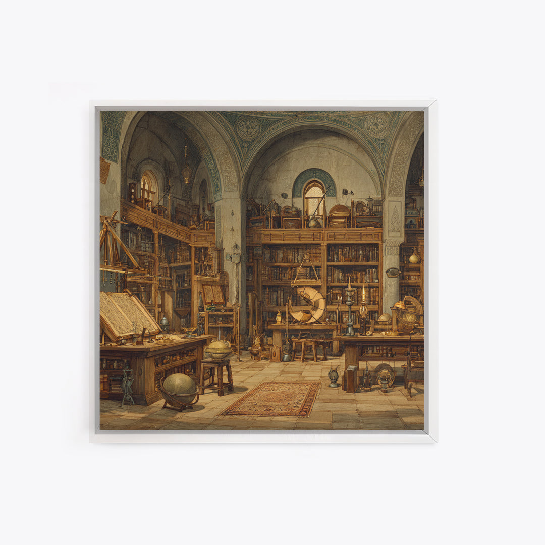 Antique Scholar Library With Globes And Manuscripts Framed Canvas Print, Dark Academia Wall Art, Office Decor, Book Lover Gift