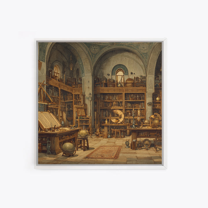 Antique Scholar Library With Globes And Manuscripts Framed Canvas Print, Dark Academia Wall Art, Office Decor, Book Lover Gift