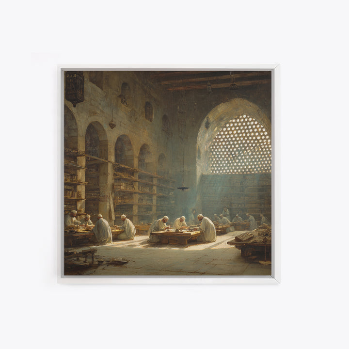 Sunlit Ancient Library Scholars Wall Art, Islamic Architecture Canvas, Dark Academia Decor, Historical Fine Art Print Gift