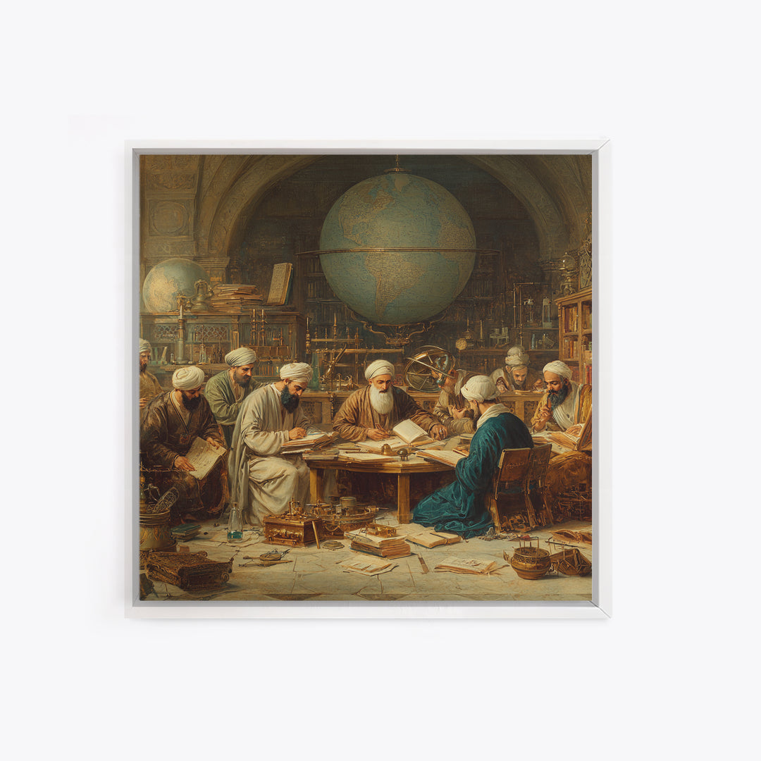 Ancient Scholars With Globe Wall Art, Islamic Golden Age Study Framed Canvas Print, Historical Library Office Decor Gift