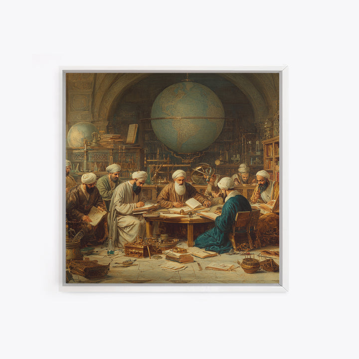 Ancient Scholars With Globe Wall Art, Islamic Golden Age Study Framed Canvas Print, Historical Library Office Decor Gift