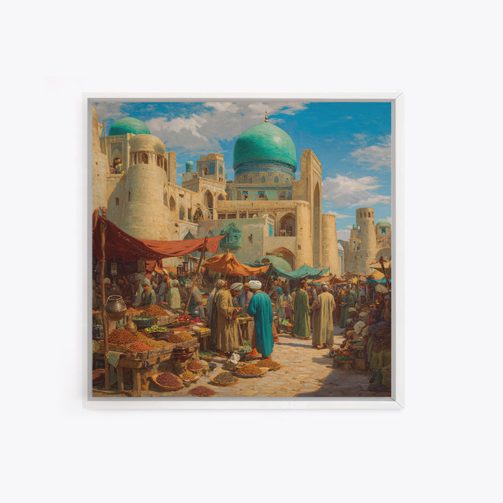 Turquoise Dome Bazaar Wall Art, Silk Road Market Painting, Islamic Architecture Decor, Moroccan Style Travel Art Print, Canvas Print