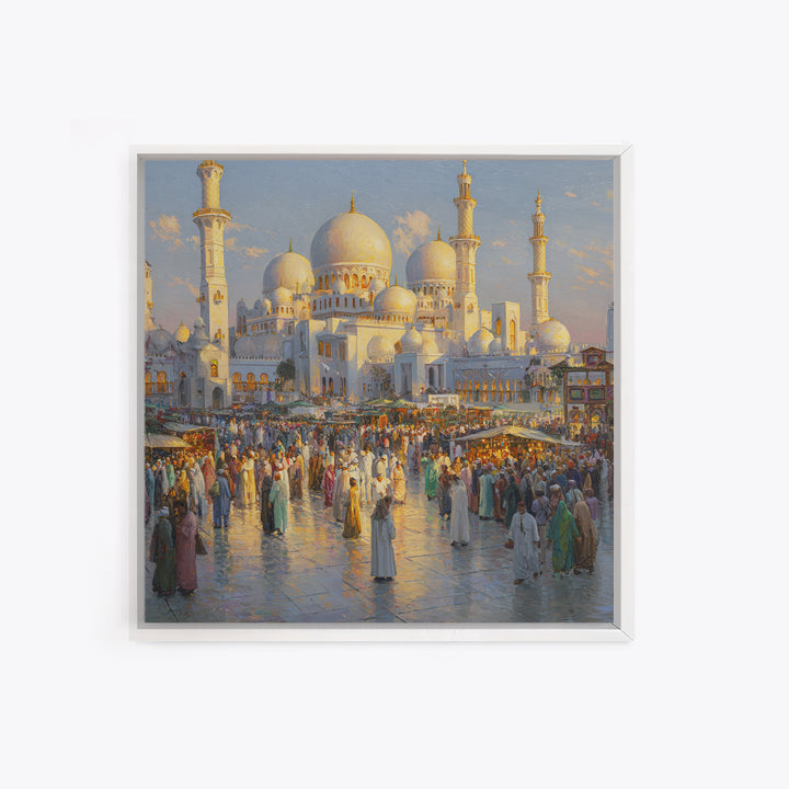 Grand White Mosque And Market Crowd Wall Art, Islamic Architecture Print, Middle Eastern Decor, Travel Gift For Living Room