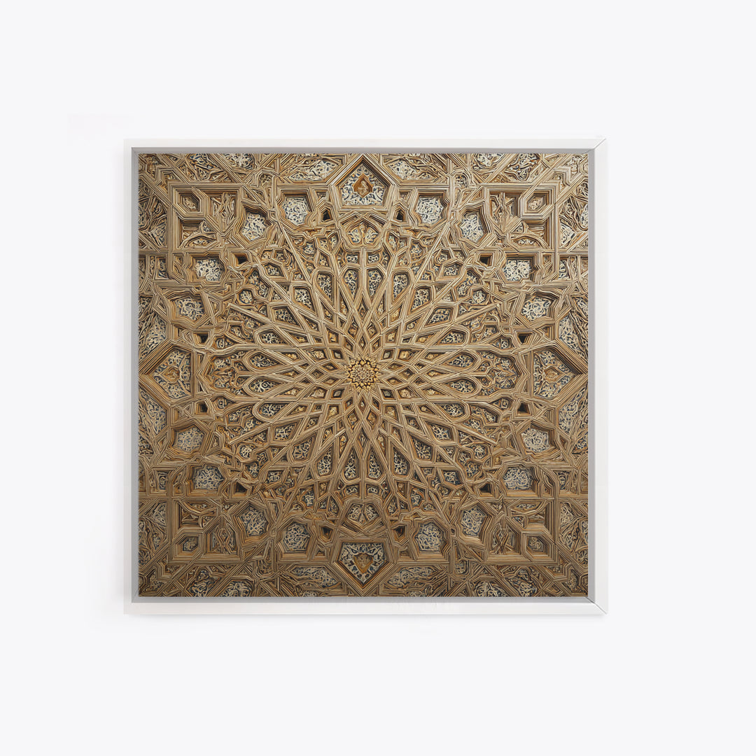 Ornate Islamic Geometric Star Ceiling Wall Art, Moroccan Pattern Framed Canvas Print, Gold Mandala Home Decor For Living Room