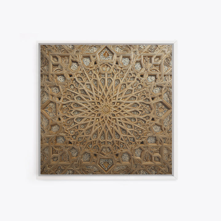 Ornate Islamic Geometric Star Ceiling Wall Art, Moroccan Pattern Framed Canvas Print, Gold Mandala Home Decor For Living Room