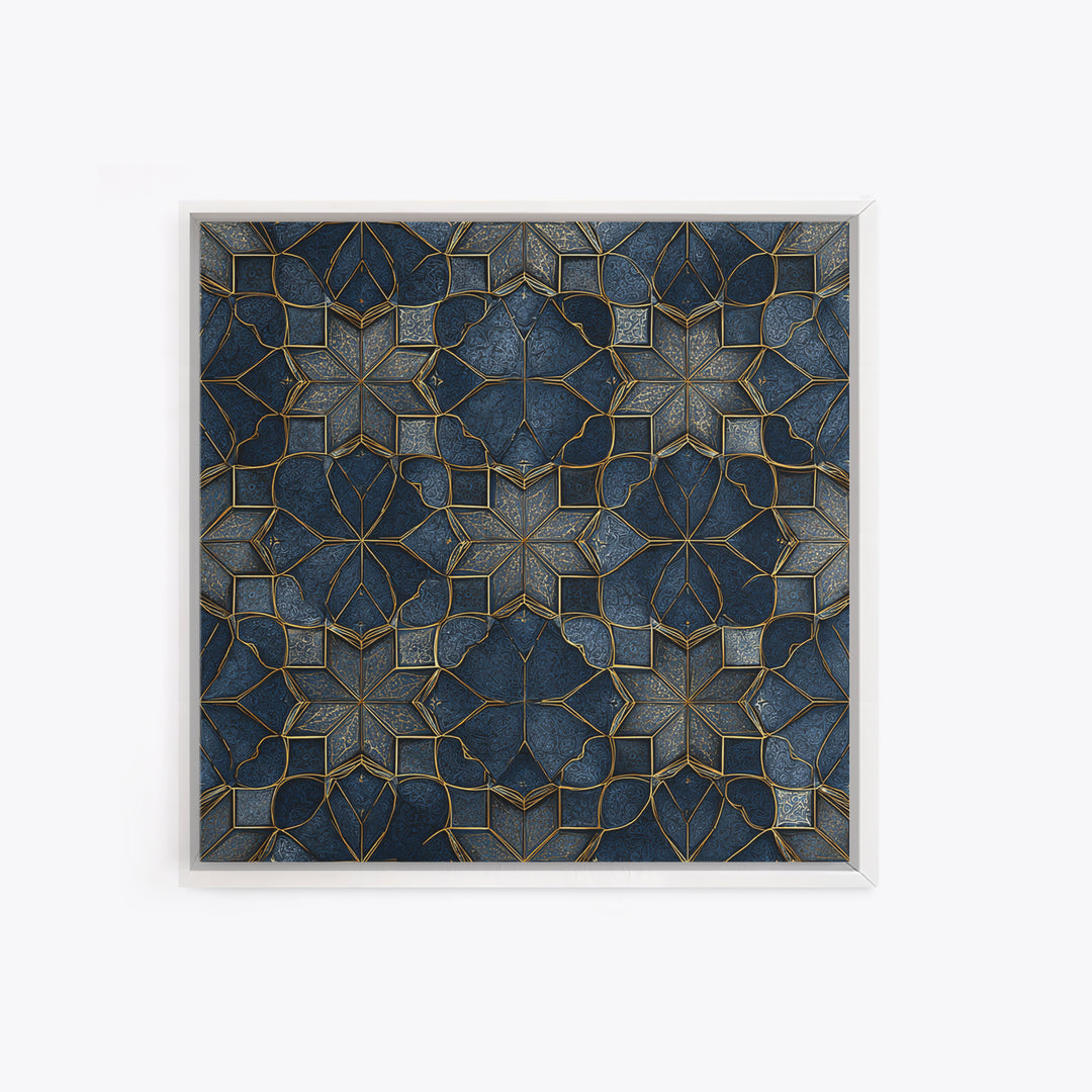 Blue Gold Geometric Tile Pattern Wall Art, Moroccan Art Deco Canvas Print, Luxury Modern Abstract Home Decor Gift For Her
