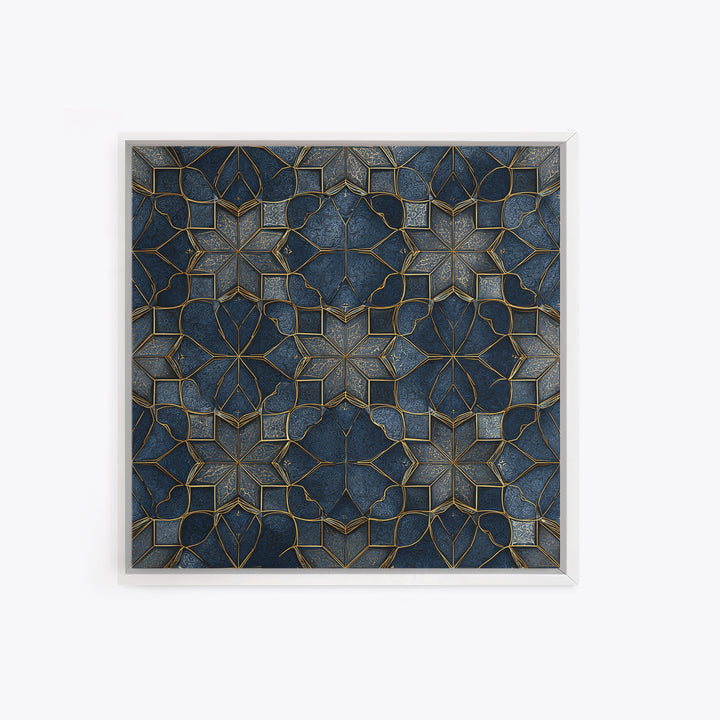 Blue Gold Geometric Tile Pattern Wall Art, Moroccan Art Deco Canvas Print, Luxury Modern Abstract Home Decor Gift For Her