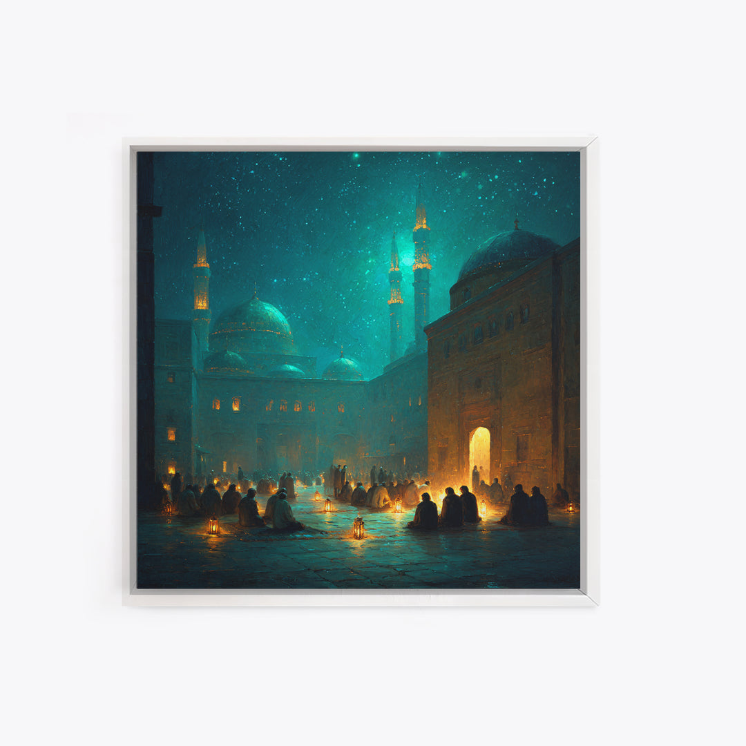 Teal Lantern Prayer Courtyard Wall Art, Islamic Framed Canvas Print, Ramadan Decor, Spiritual Wall Art, Moody Mosque Scene