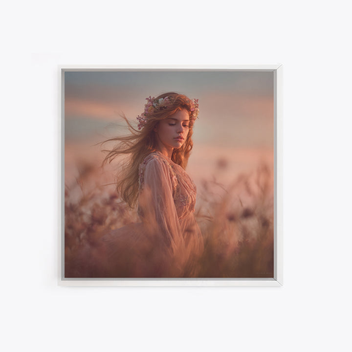 Ethereal Woman In Wildflower Meadow Canvas Print, Romantic Feminine Wall Art, Soft Pastel Bedroom Decor Living Room Gift For Her