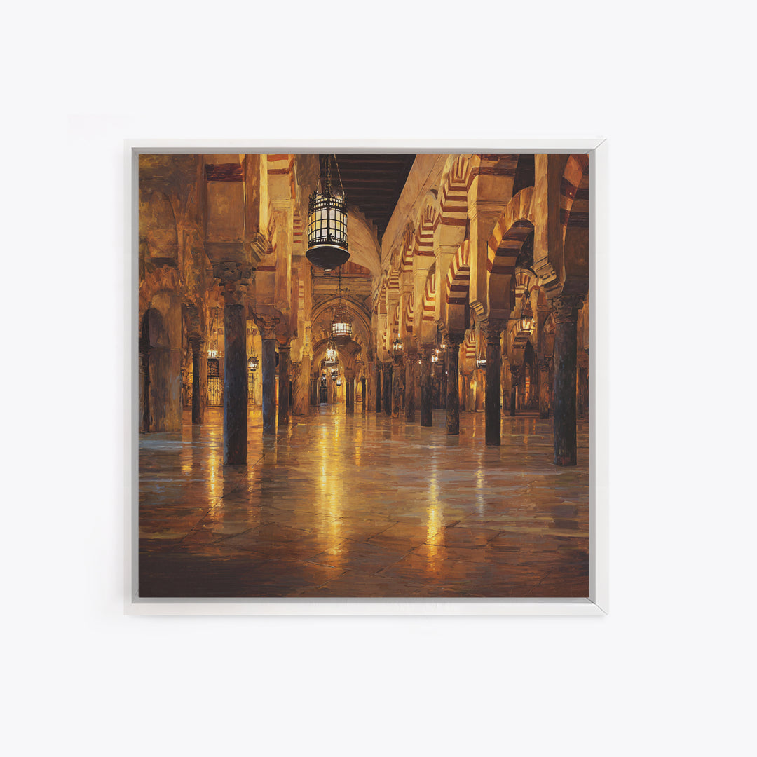 Golden Mosque Corridor Wall Art, Islamic Architecture Print, Moroccan Home Decor, Warm Lantern Canvas For Living Room Decor