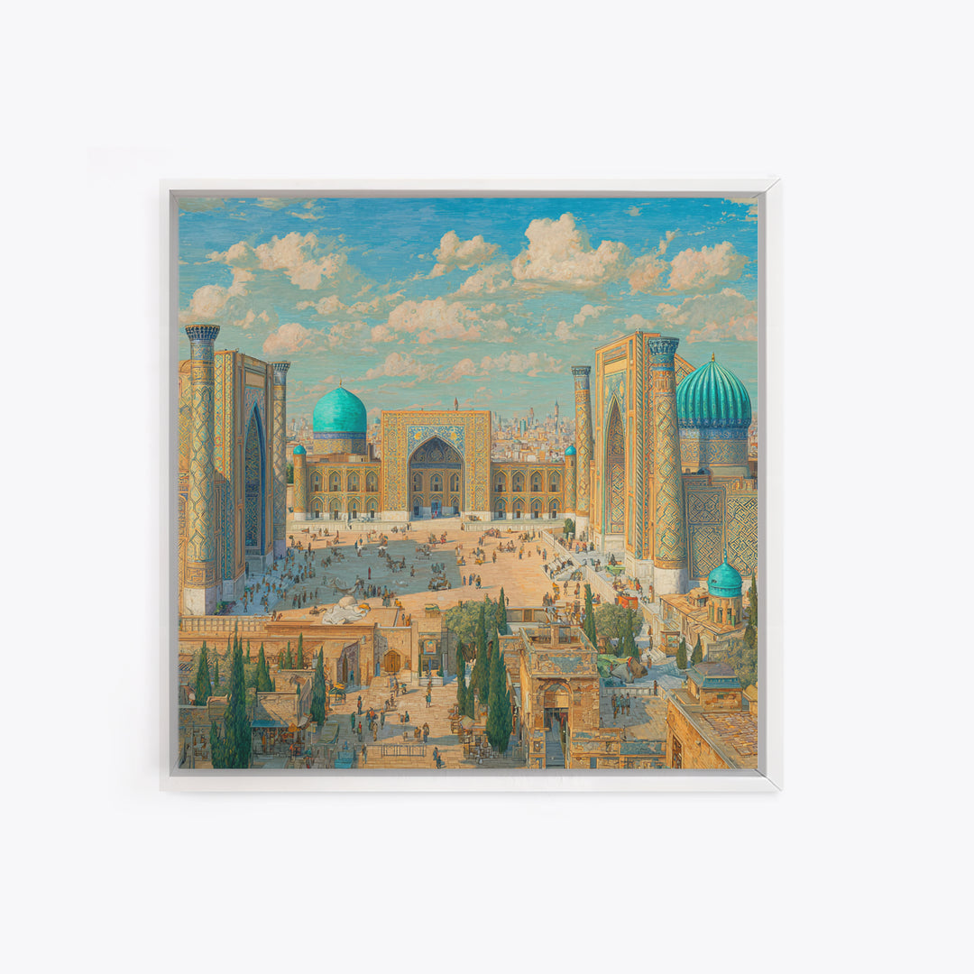 Sunlit Samarkand Mosque Courtyard Wall Art, Islamic Architecture Travel Poster, Blue Tile Decor, Asian Framed Canvas Print