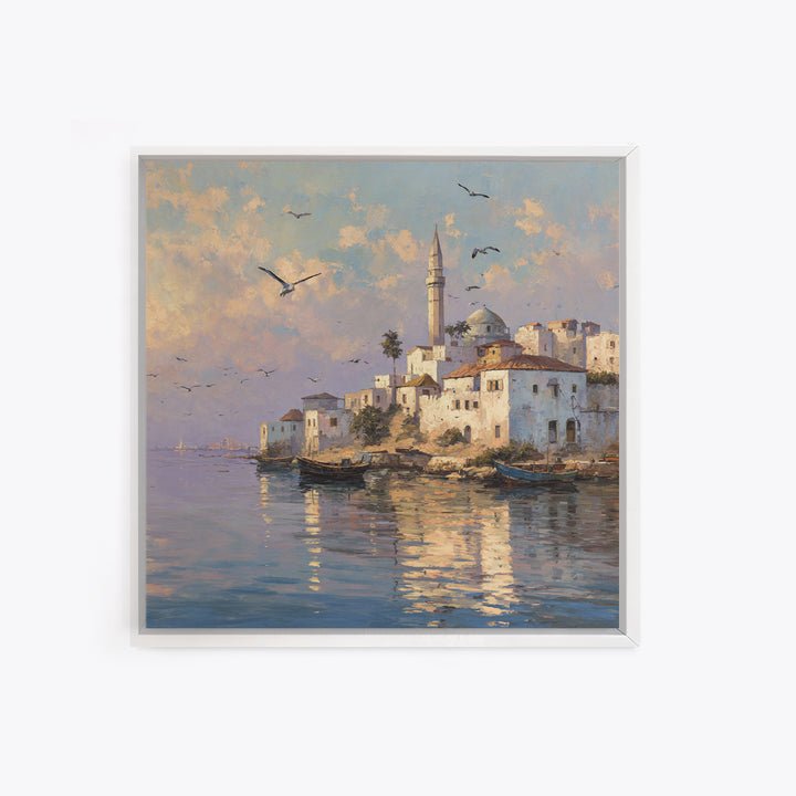 Sunlit Coastal Mosque Village Canvas Print, Mediterranean Seaside Landscape Art, Travel Poster, Coastal Wall Decor For Home