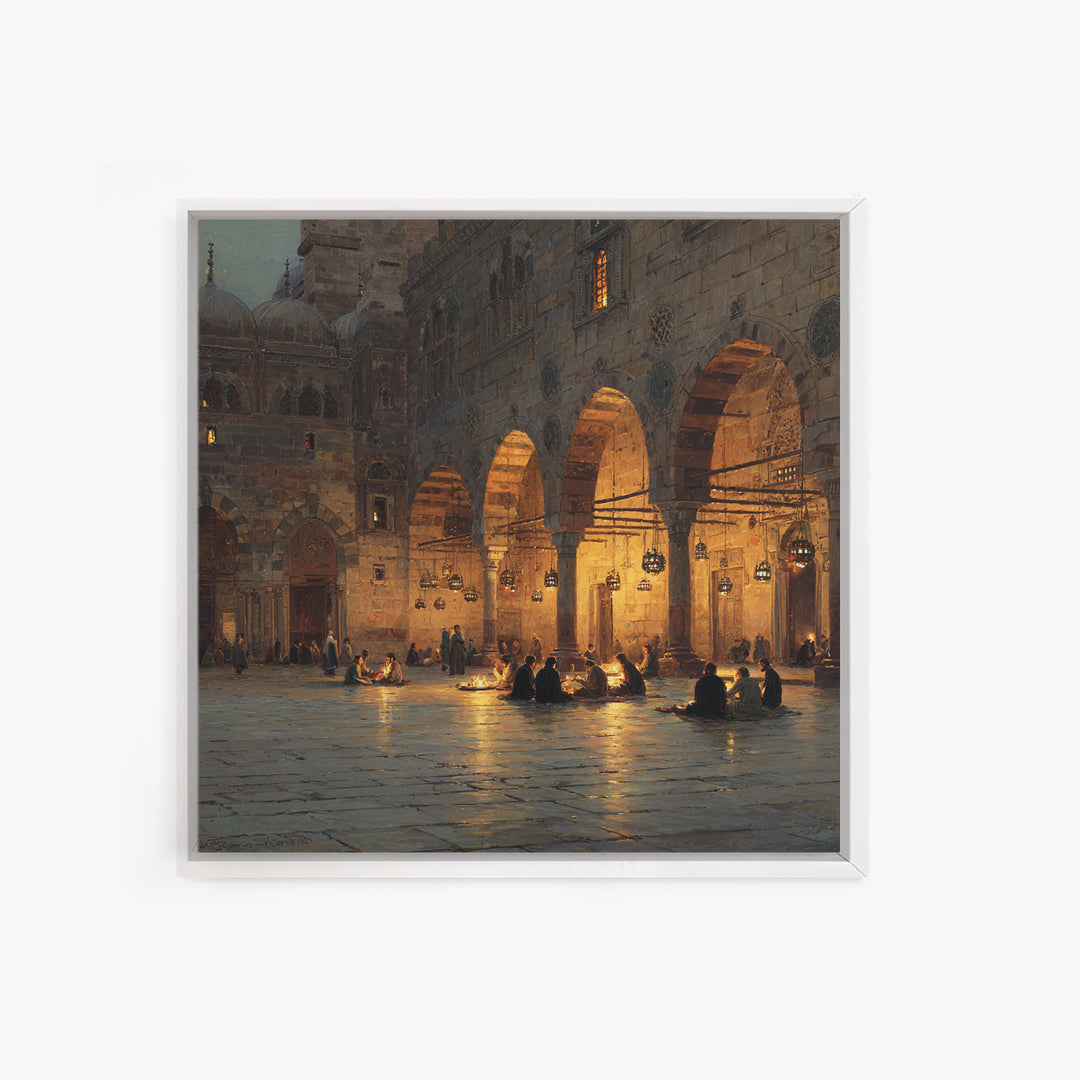 Lantern Lit Islamic Courtyard At Night Wall Art, Jerusalem Mosque Painting, Arabic Architecture, Prayer Room Decor Gift Print