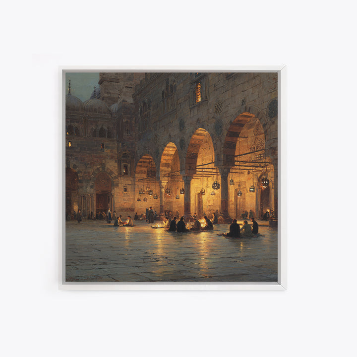 Lantern Lit Islamic Courtyard At Night Wall Art, Jerusalem Mosque Painting, Arabic Architecture, Prayer Room Decor Gift Print