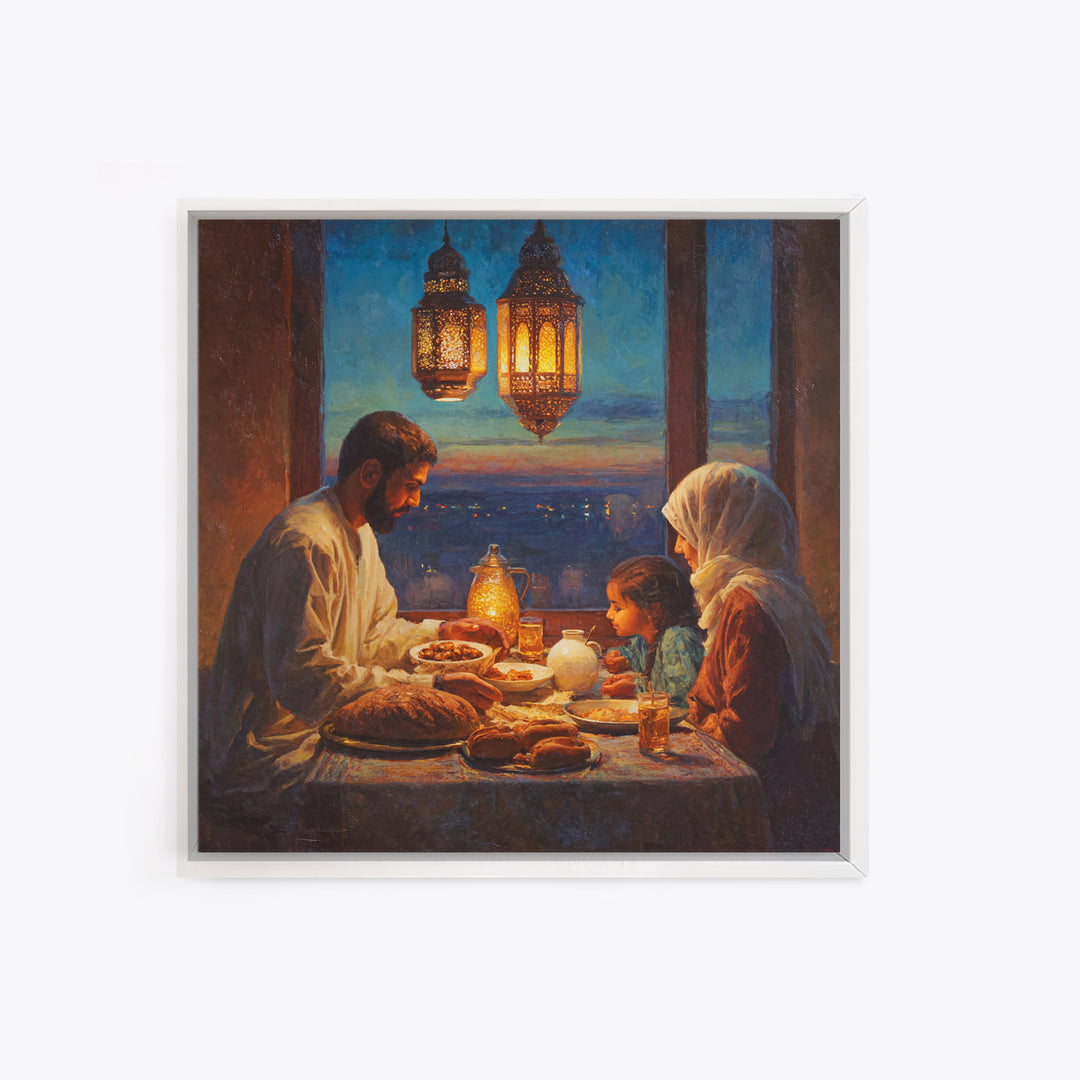 Ramadan Family Iftar By Lanterns Framed Canvas Print, Islamic Home Decor, Warm Dining Room Wall Art, Muslim Gift, Ramadan Eid Decor