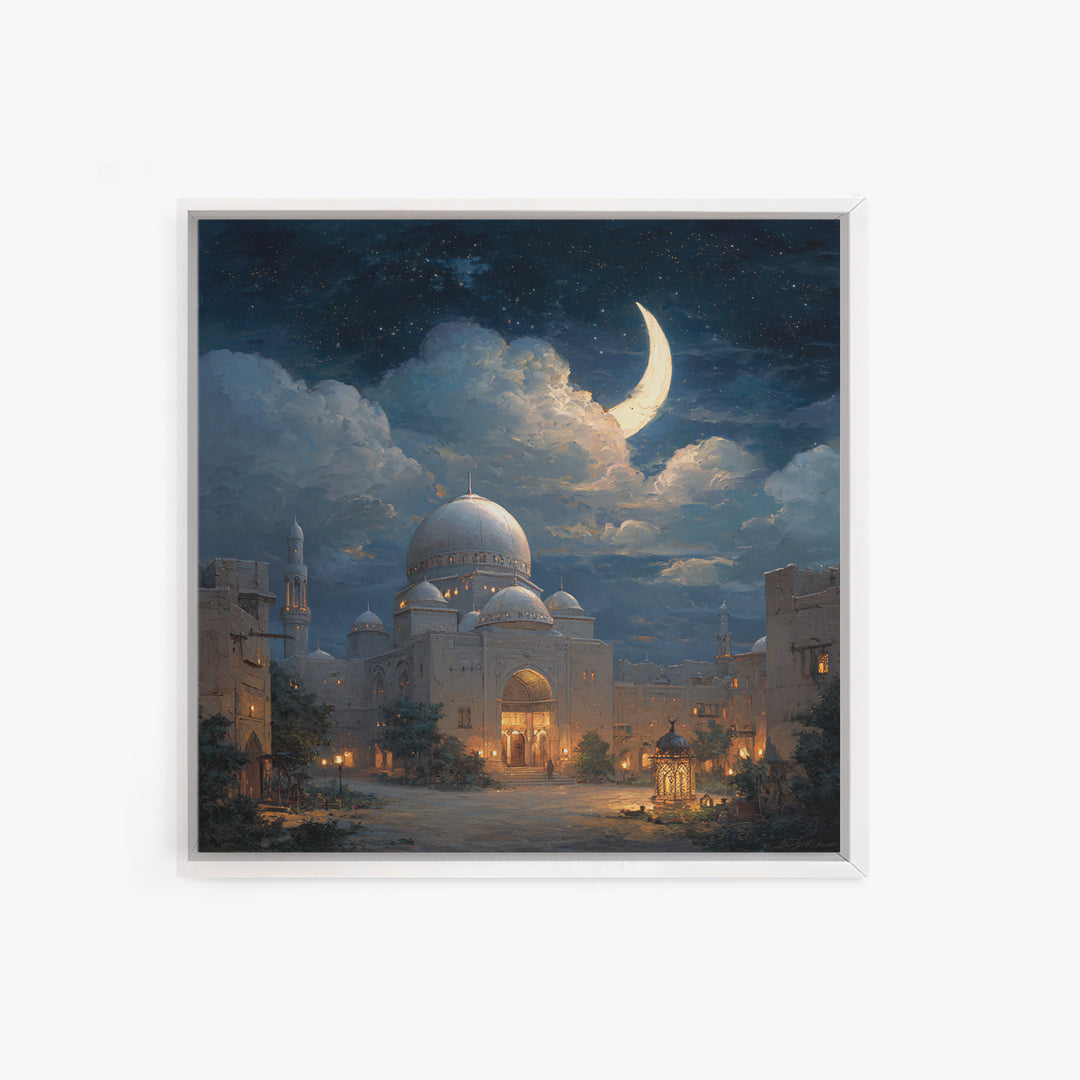 Crescent Moon Mosque Framed Canvas Print, Islamic Architecture Wall Decor, Ramadan Eid Art, Serene Night Sky Home Decor Gift