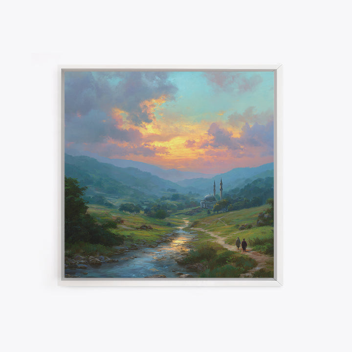 Sunset Valley Mosque And River Landscape Wall Art, Islamic Home Decor, Serene Nature Print, Peaceful Living Room Decor, Housewarming Gift
