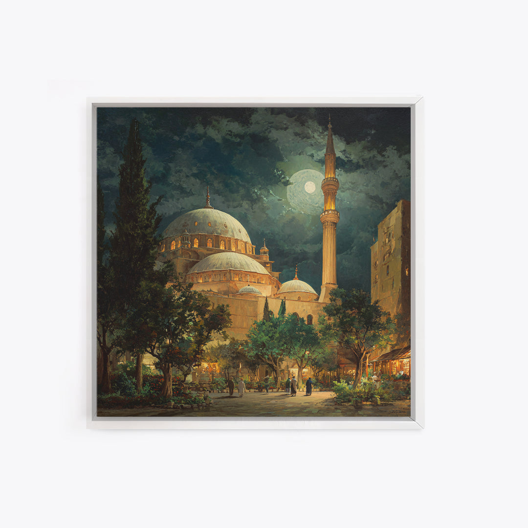 Moonlit Mosque Courtyard At Night Wall Art, Islamic Architecture Canvas Print, Ramadan Decor, Prayer Room Poster For Home Decor