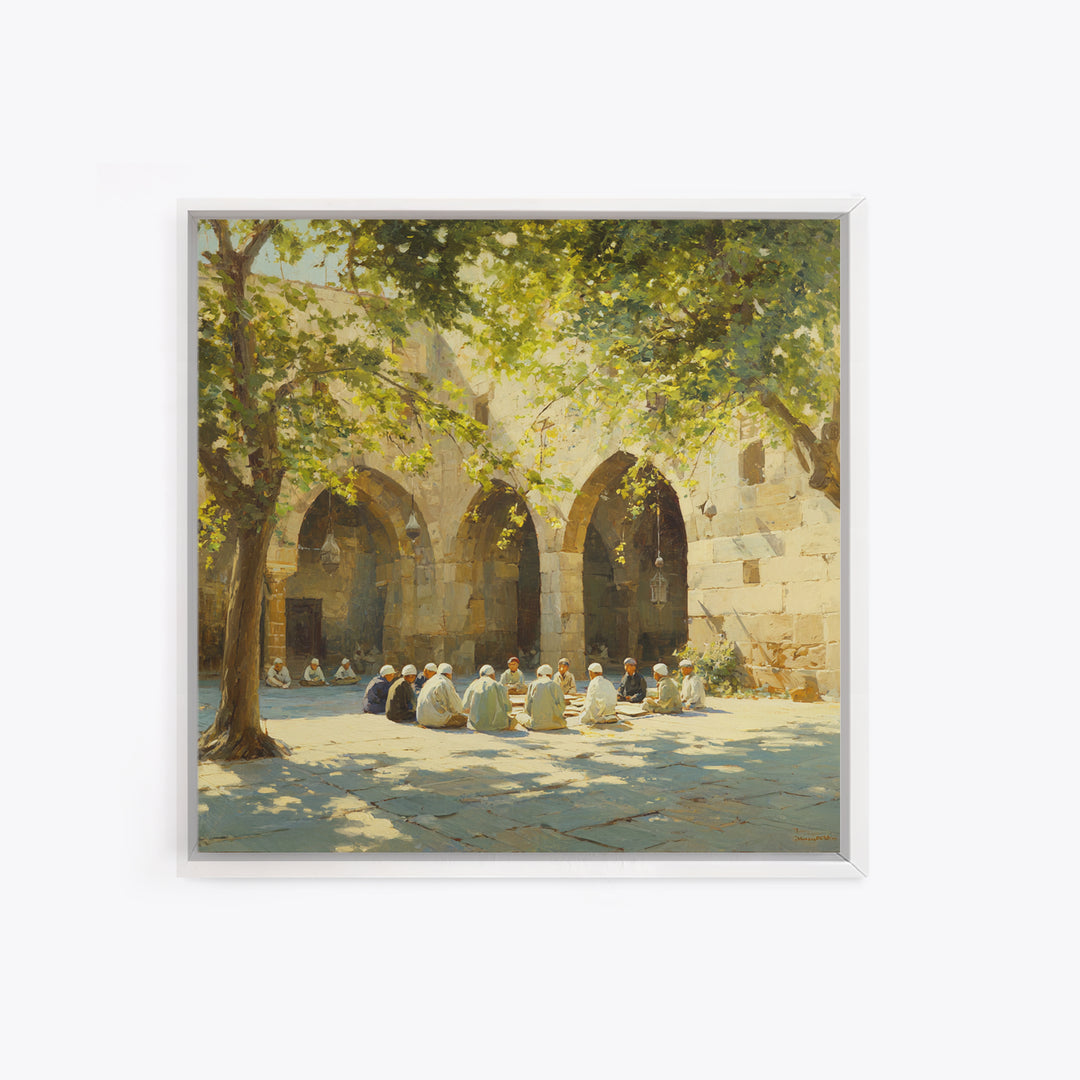 Sunlit Mosque Courtyard Gathering Under Trees Framed Canvas Print, Islamic Wall Art, Arabic Architecture, Serene Home Decor