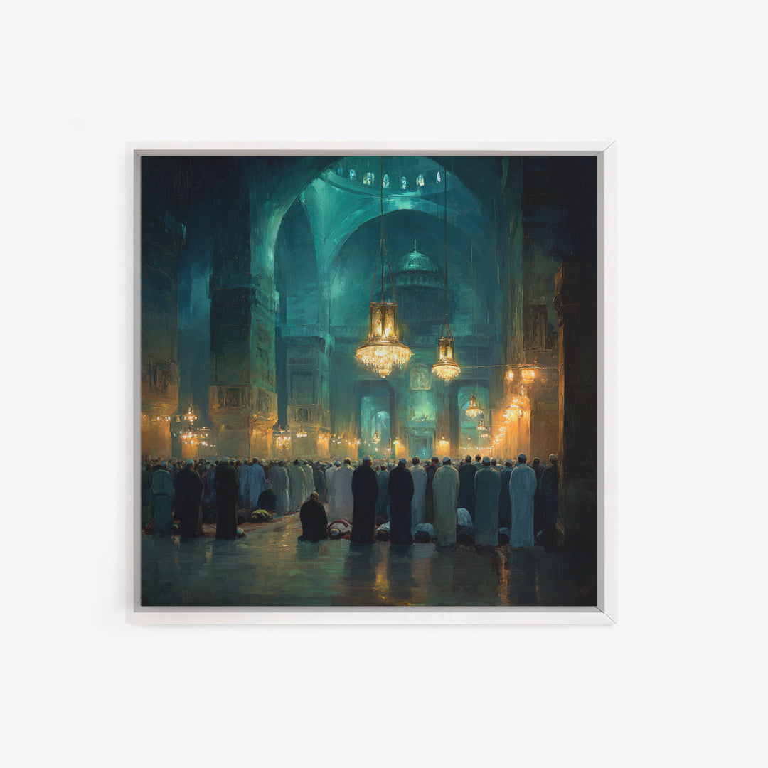 Teal Mosque Prayer Hall With Golden Chandeliers Canvas Print, Islamic Wall Decor, Spiritual Fine Art, Ramadan Gift, Elegant Home Decor