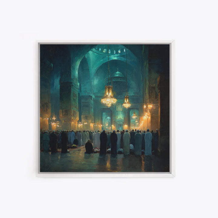 Teal Mosque Prayer Hall With Golden Chandeliers Canvas Print, Islamic Wall Decor, Spiritual Fine Art, Ramadan Gift, Elegant Home Decor