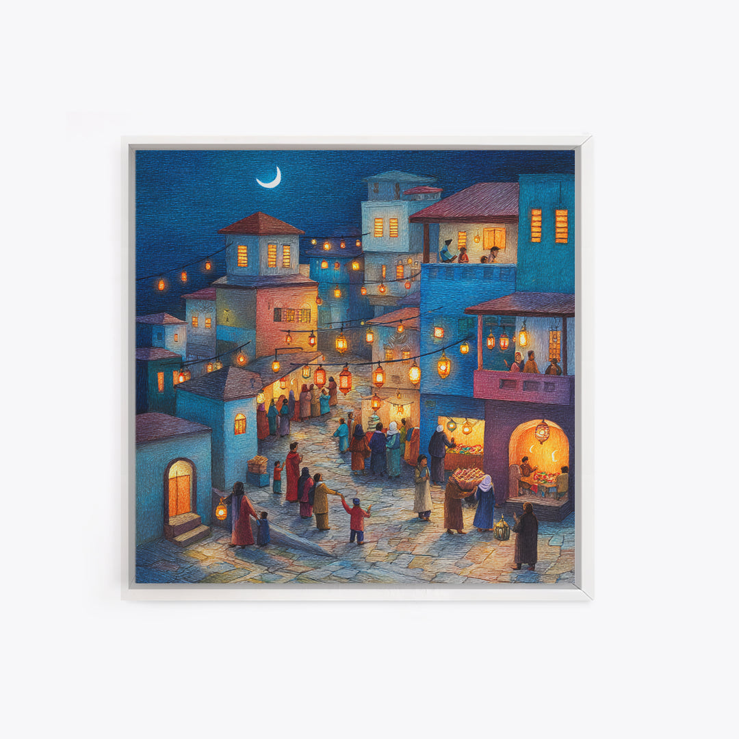 Moonlit Lantern Village Wall Art, Middle Eastern Night Market Canvas Print, Ramadan Decor, Cozy Blue Homes, Housewarming Gift