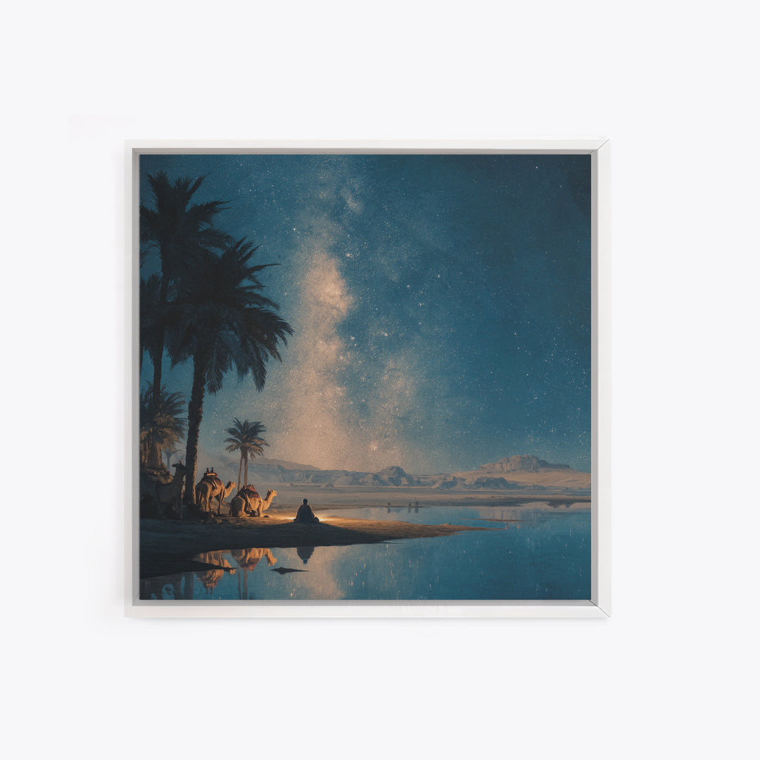 Starlit Desert Oasis With Camels Wall Art, Celestial Night Landscape Print For Boho Home Decor And Meditation Room Wall Decor