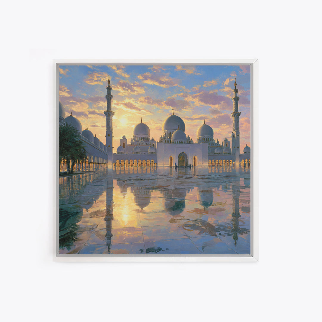 White Grand Mosque At Sunset Framed Canvas Print, Islamic Wall Art, Abu Dhabi Architecture, Spiritual Decor, Luxury Home Decor