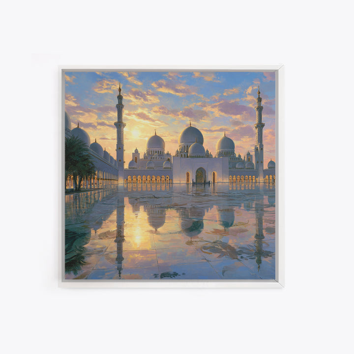 White Grand Mosque At Sunset Framed Canvas Print, Islamic Wall Art, Abu Dhabi Architecture, Spiritual Decor, Luxury Home Decor