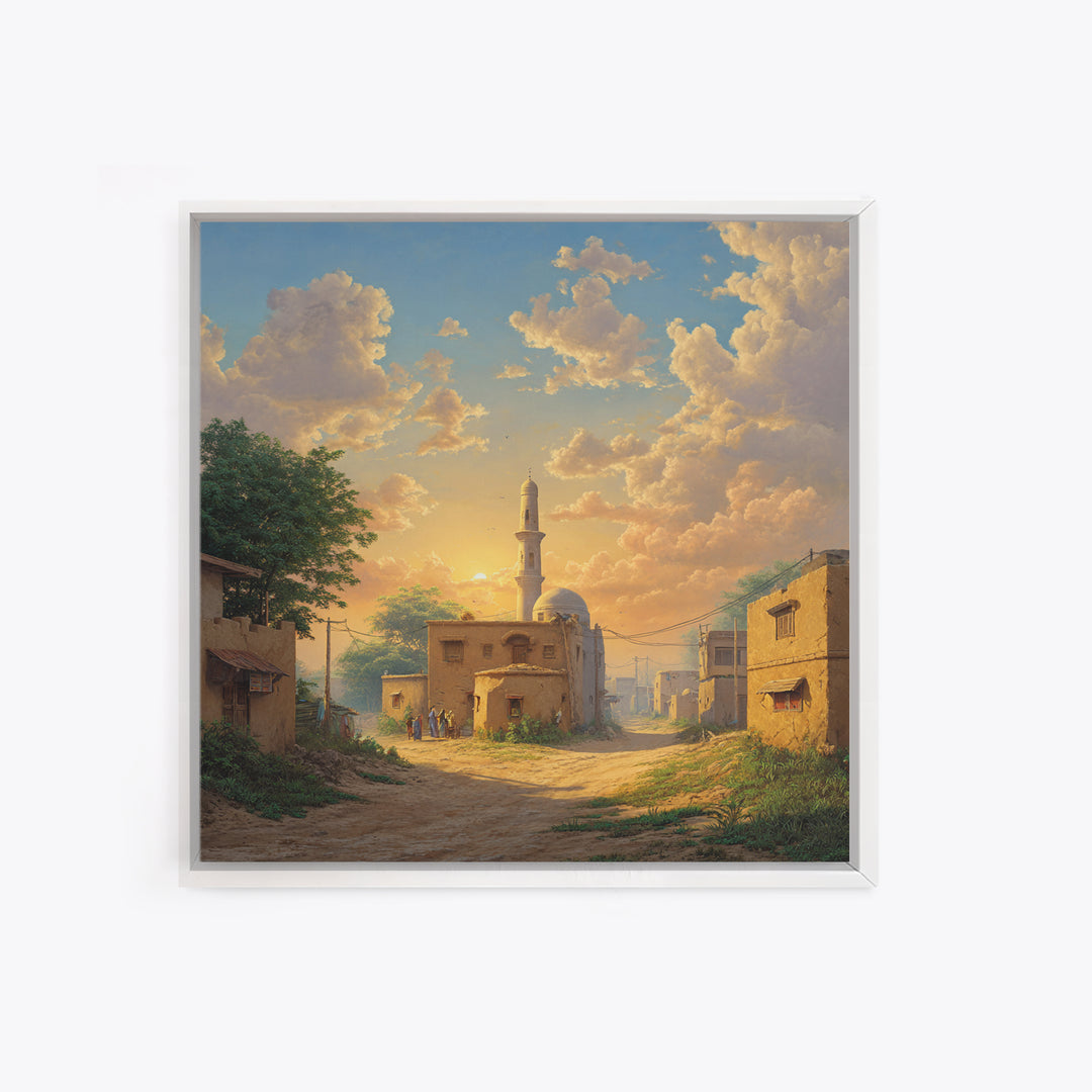Sunlit Village Mosque At Golden Sunset Wall Art, Islamic Landscape Canvas Print, Rustic Travel Decor, Serene Home Gift For Living Room