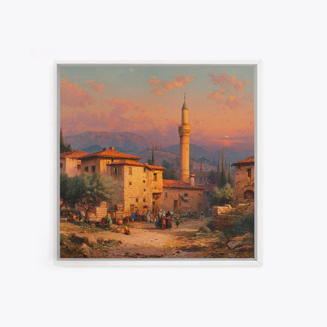 Sunset Village With Minaret Wall Art, Mediterranean Landscape Print, Islamic Architecture Decor, Travel Poster For Living Room