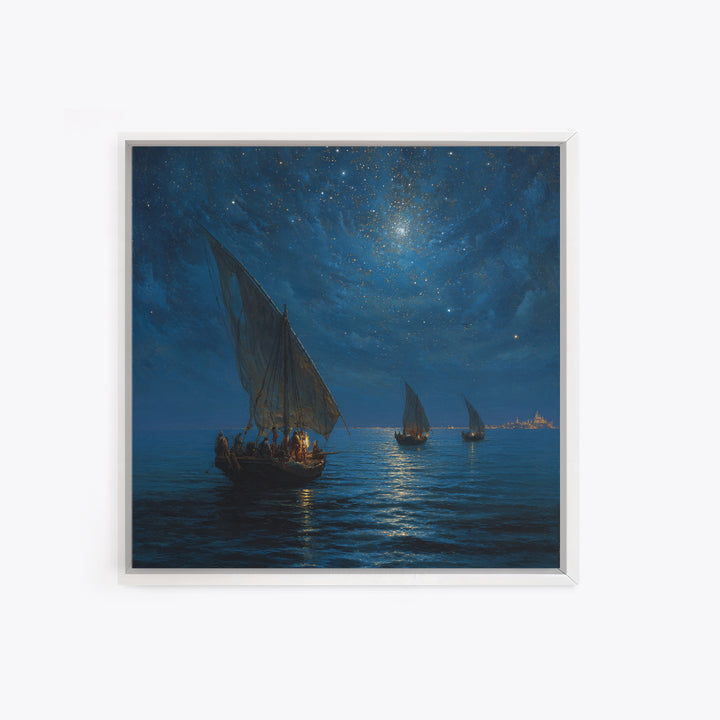Starry Night Sailboats On Moonlit Sea Wall Art, Nautical Coastal Canvas Print, Ocean Landscape Decor, Romantic Travel Gift