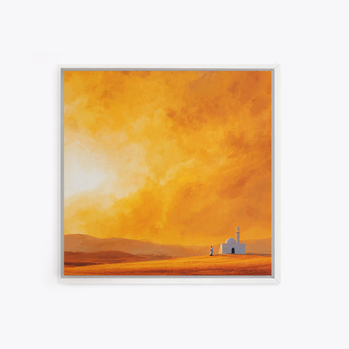 Glowing Orange Desert Mosque Canvas Print, Minimalist Landscape Art, Islamic Wall Decor, Warm Neutral Home Decor Gift Idea