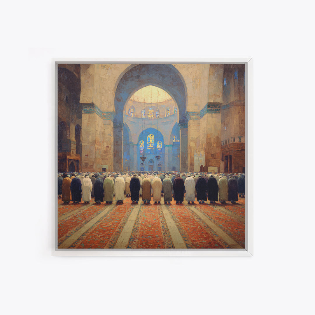 Grand Mosque Prayer Scene Wall Art, Islamic Home Decor, Framed Canvas Print, Spiritual Architecture, Ramadan Gift, Muslim Wall Decor