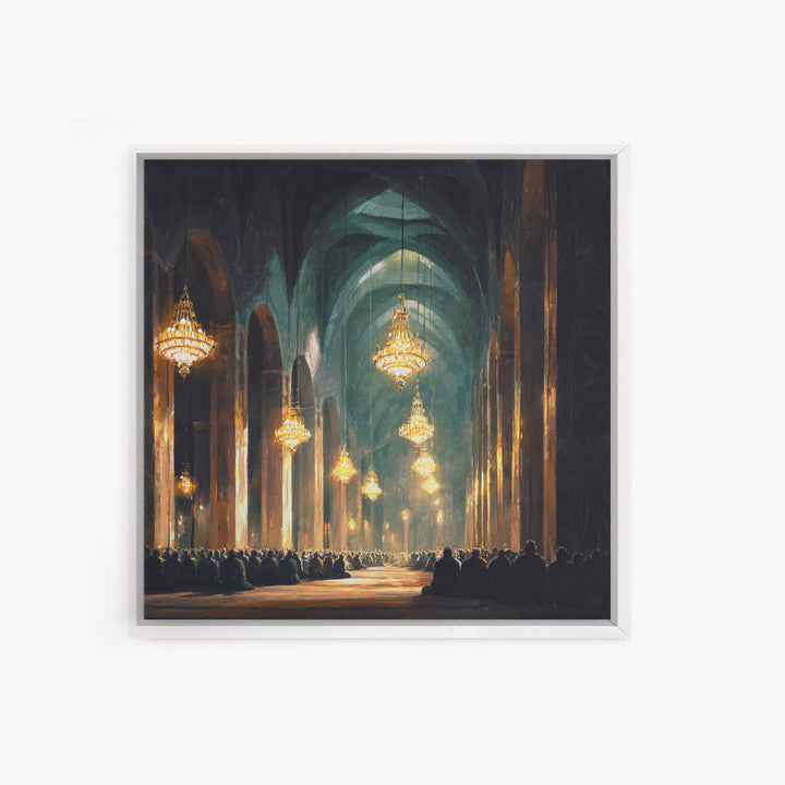 Grand Mosque Chandeliers Canvas Print, Islamic Architecture Wall Art, Spiritual Decor, Prayer Room Art, Elegant Home Decor