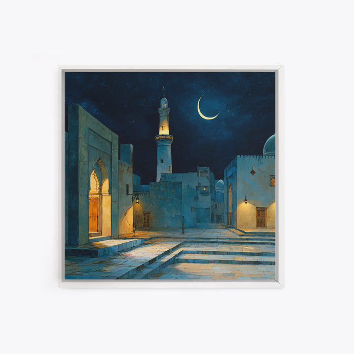 Blue Moonlit Mosque Courtyard With Crescent Moon Wall Art, Islamic Wall Decor, Celestial Night Print, Serene Home Decor Gift
