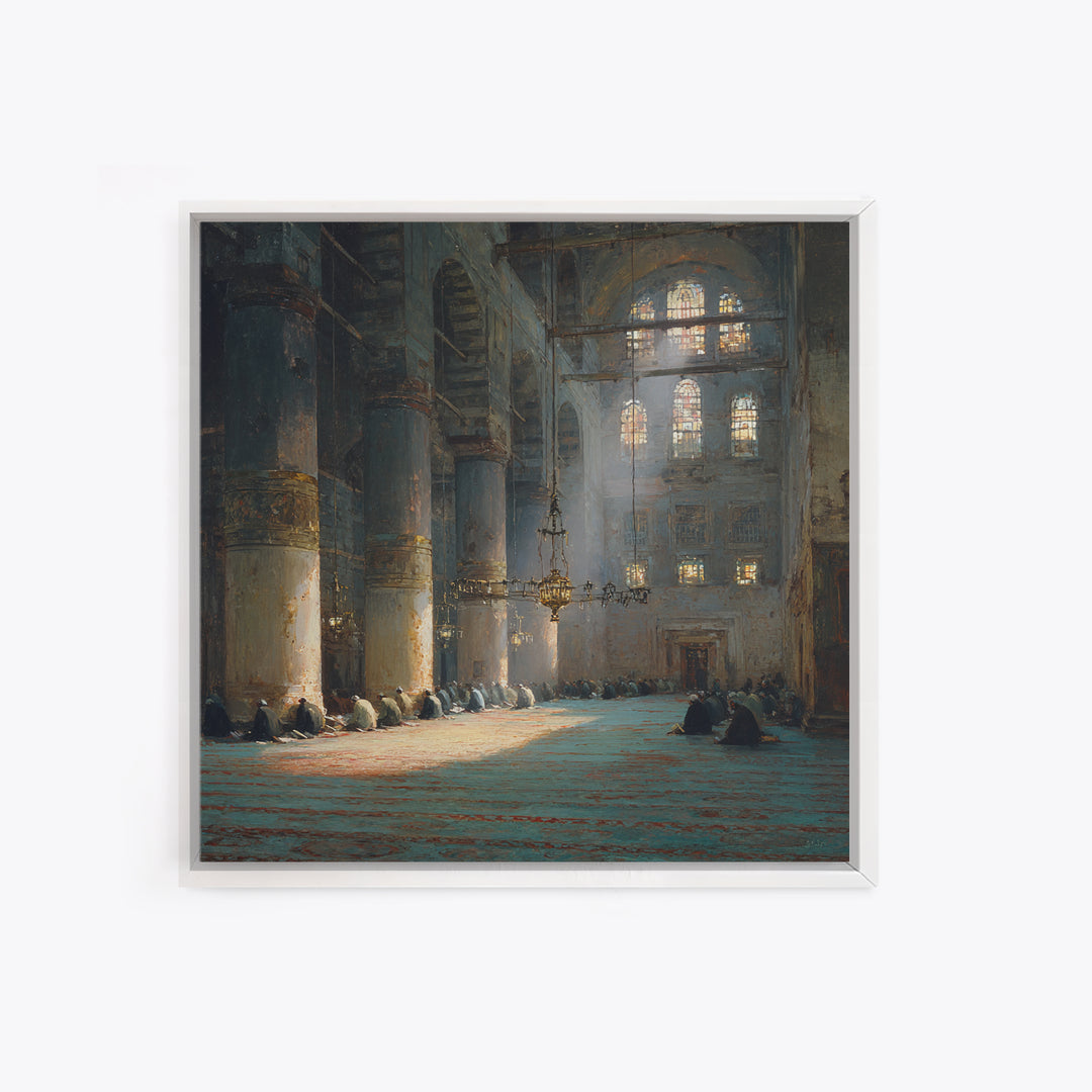 Sunlit Mosque Prayer Hall Framed Canvas Print, Islamic Wall Art, Arabic Architecture Decor, Spiritual Office Wall Decor Art