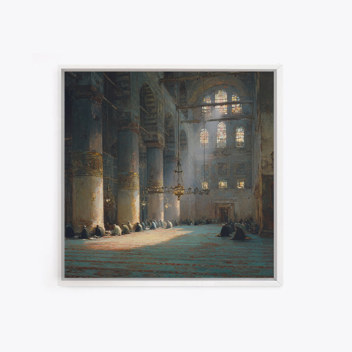 Sunlit Mosque Prayer Hall Framed Canvas Print, Islamic Wall Art, Arabic Architecture Decor, Spiritual Office Wall Decor Art