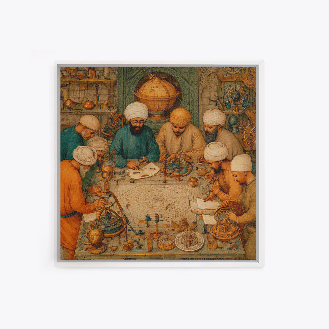 Medieval Astronomers Studying Celestial Maps Wall Art, Islamic Science Illustration Canvas Print For Library Office Decor