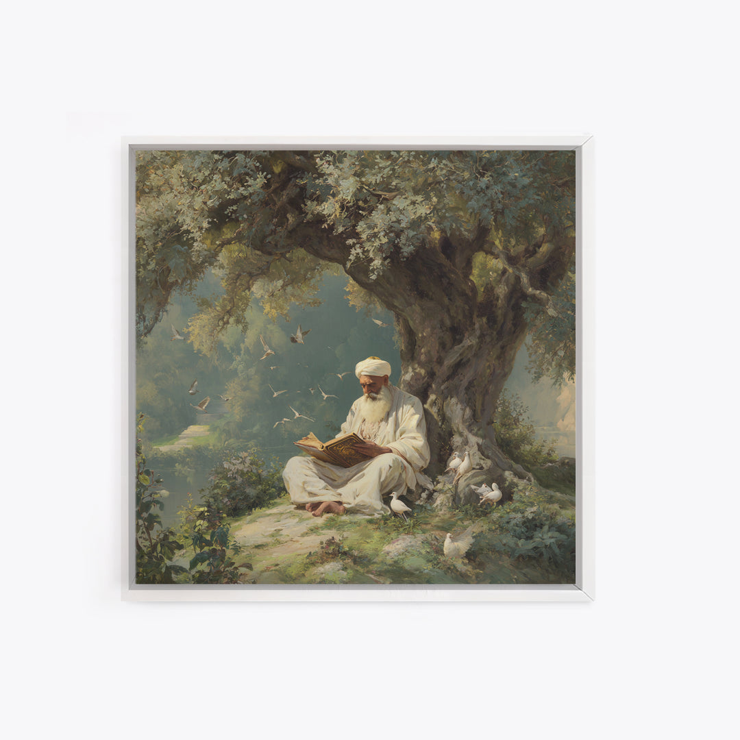 Scholar Reading Beneath Ancient Olive Tree With Doves Canvas Print, Islamic Wall Art, Spiritual Home Decor, Prayer Room Gift
