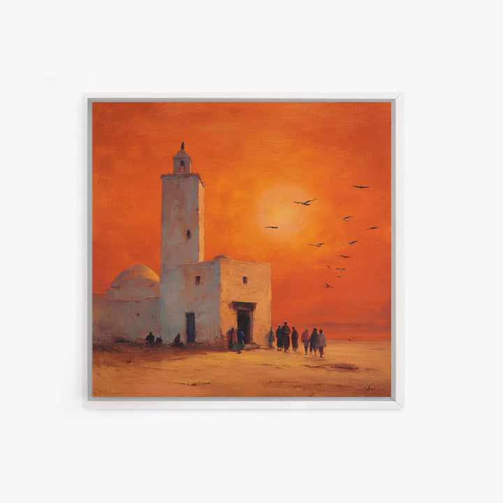 Orange Desert Mosque Sunset With Birds Wall Art, Moroccan Wall Decor, Islamic Home Decor, Travel Poster, Housewarming Gift