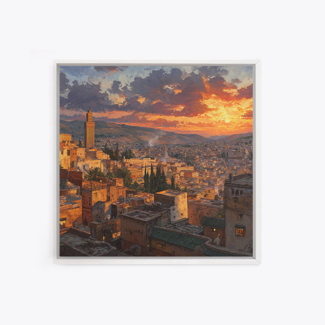 Moroccan City Rooftops At Sunset Wall Art, Marrakech Travel Canvas Print, Warm Mediterranean Living Room Decor Housewarming Gift