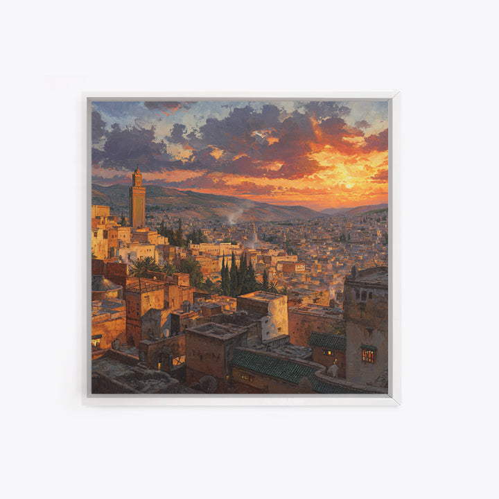 Moroccan City Rooftops At Sunset Wall Art, Marrakech Travel Canvas Print, Warm Mediterranean Living Room Decor Housewarming Gift