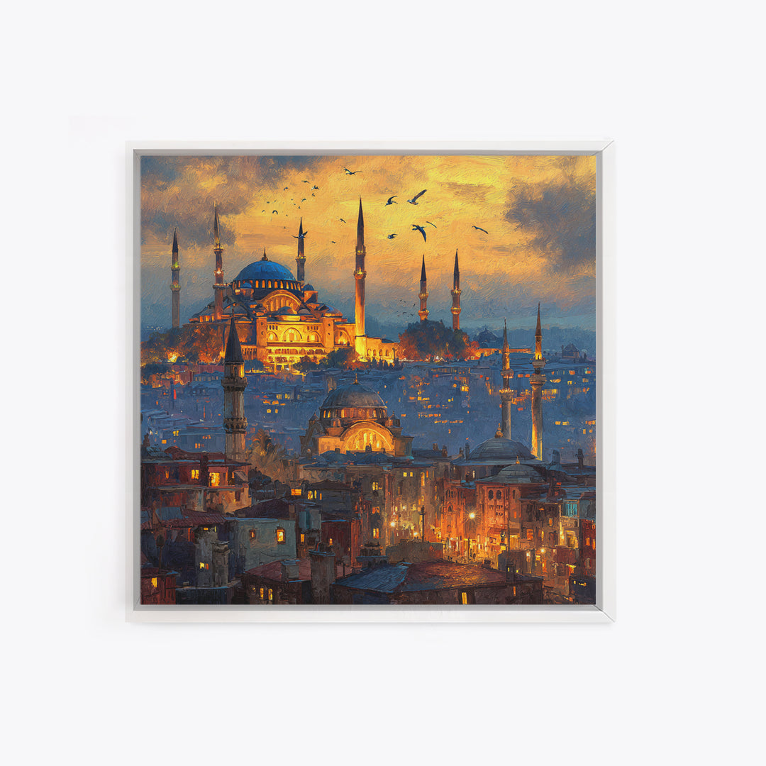 Glowing Istanbul Mosque Skyline Wall Art, Islamic Architecture Canvas Print, Travel Poster, Cityscape Art, Turkish Home Decor