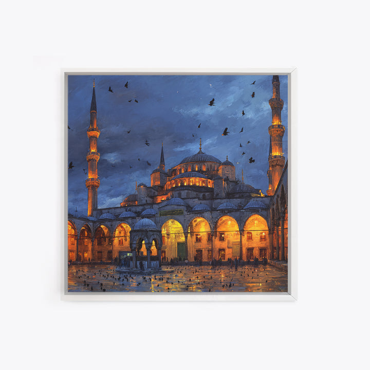 Blue Mosque At Twilight Framed Canvas Print, Islamic Architecture Wall Art, Turkish Travel Poster, Moody Home Decor Gift