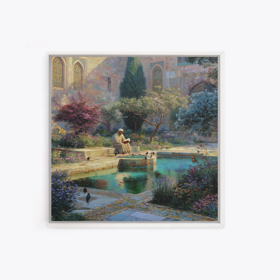 Serene Islamic Garden Courtyard With Reader Wall Art, Meditation Framed Canvas Print, Botanical Zen Home Decor Gift For Her