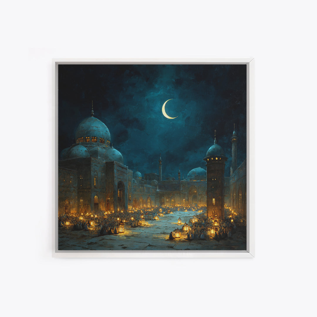 Moonlit Mosque Courtyard With Crescent Canvas Print, Islamic Wall Art, Ramadan Lantern Decor For Prayer Room And Home Decor