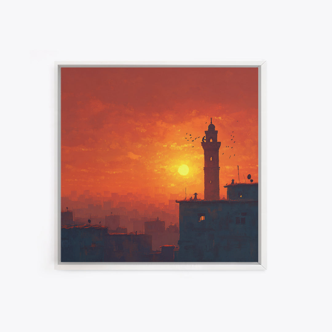 Orange City Sunset With Minaret Tower Silhouette Canvas Print, Islamic Wall Art, Moroccan Decor, Travel Poster, Home Decor