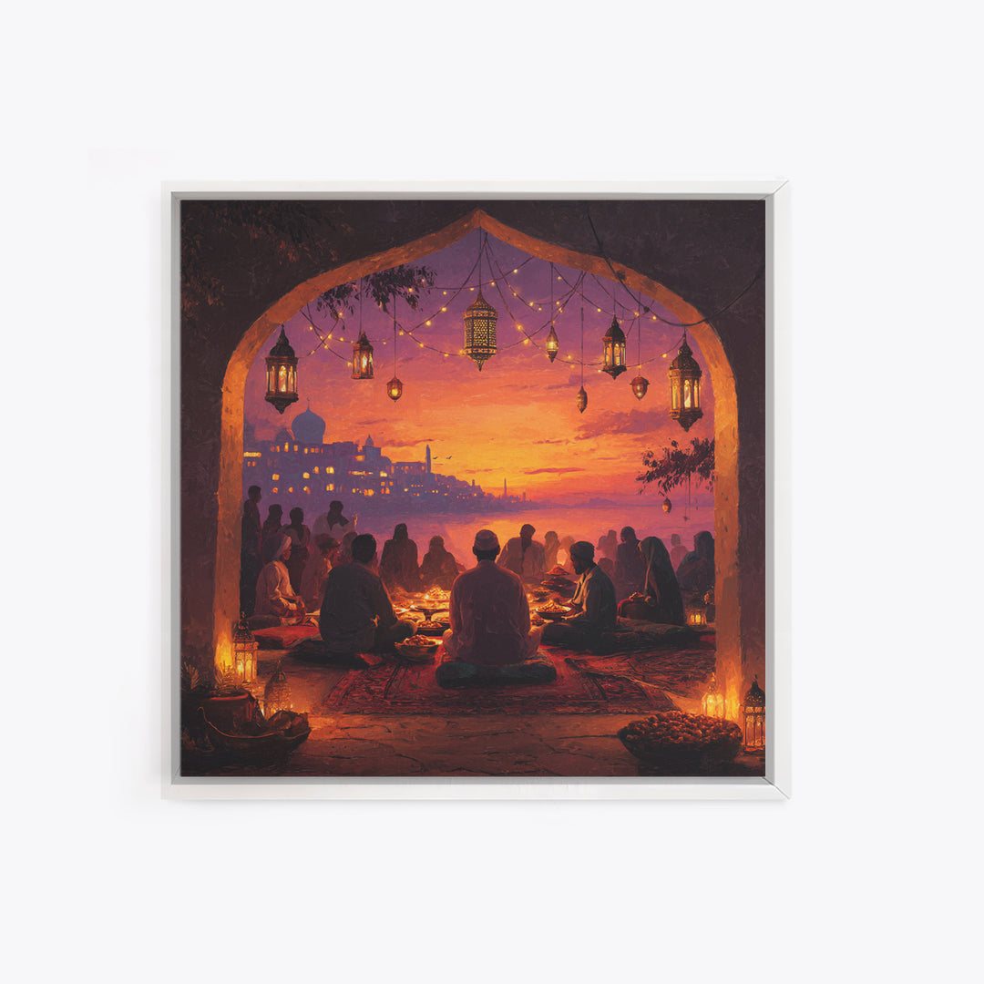 Ramadan Sunset Gathering Wall Art, Lantern Iftar Dinner Scene, Islamic Home Decor, Warm Spiritual Canvas Print Gift For Prayer Room