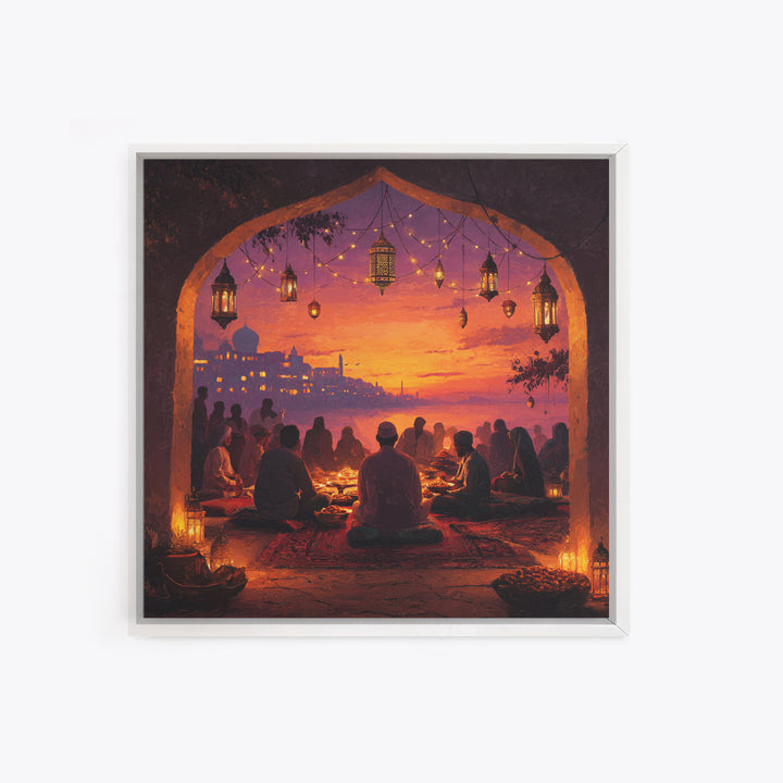 Ramadan Sunset Gathering Wall Art, Lantern Iftar Dinner Scene, Islamic Home Decor, Warm Spiritual Canvas Print Gift For Prayer Room